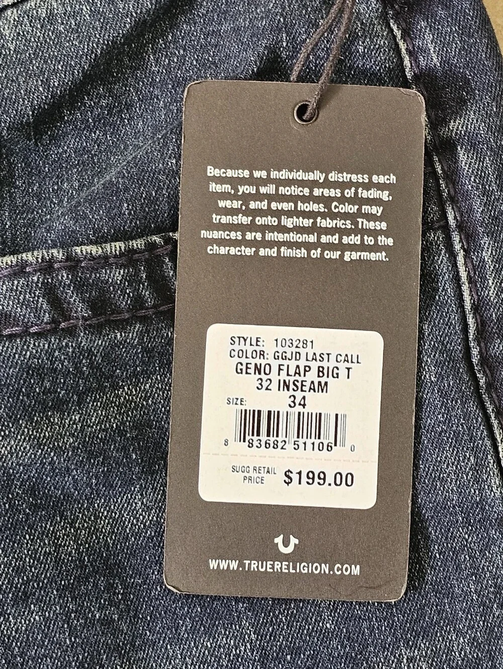 True Religion Jeans Mens 34x32 Blue Geno Flap Big T Relaxed Slim